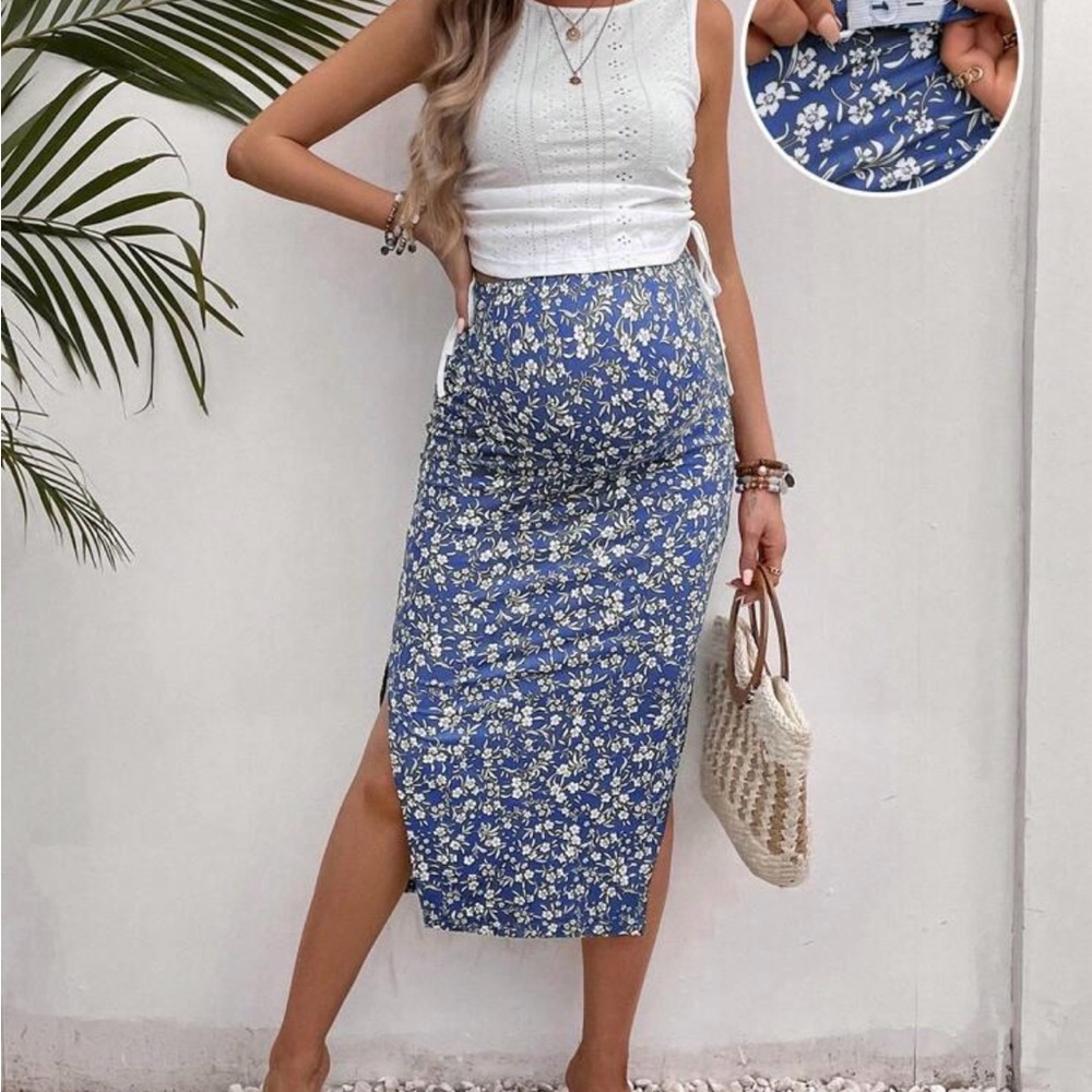 Floral Blue Midi Skirt with eyelet top